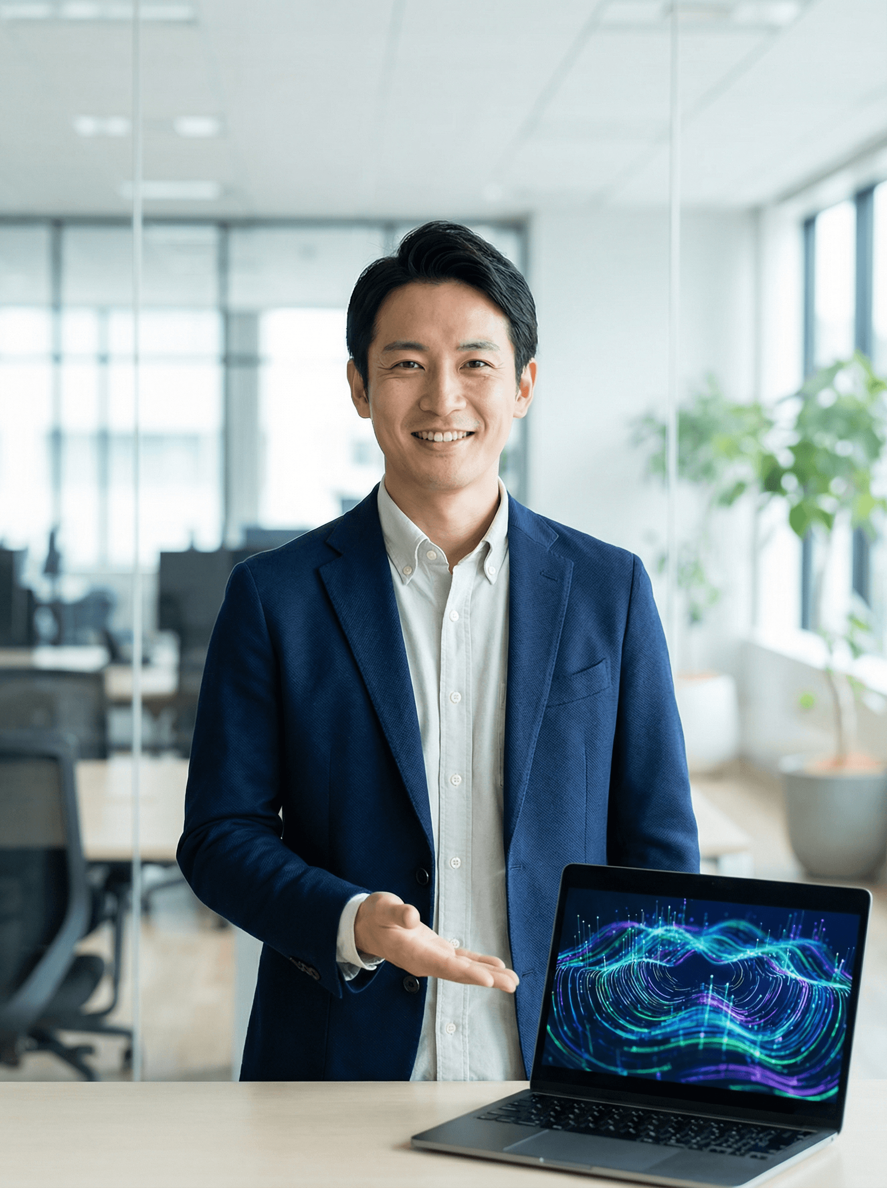 代表の廣藤氏がAIツールを提示している写真