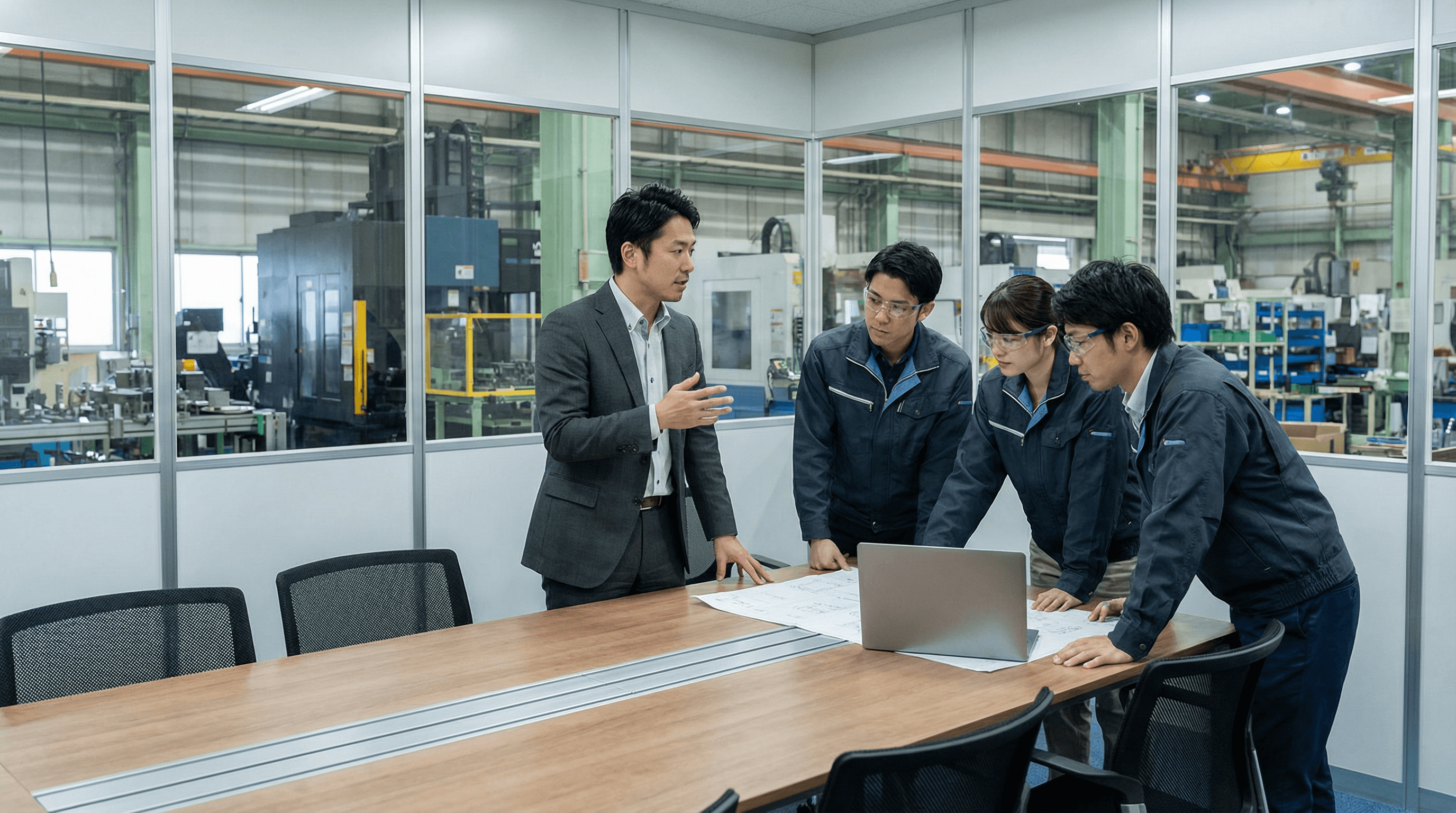 商社時代の工場内での打ち合わせ風景イメージ