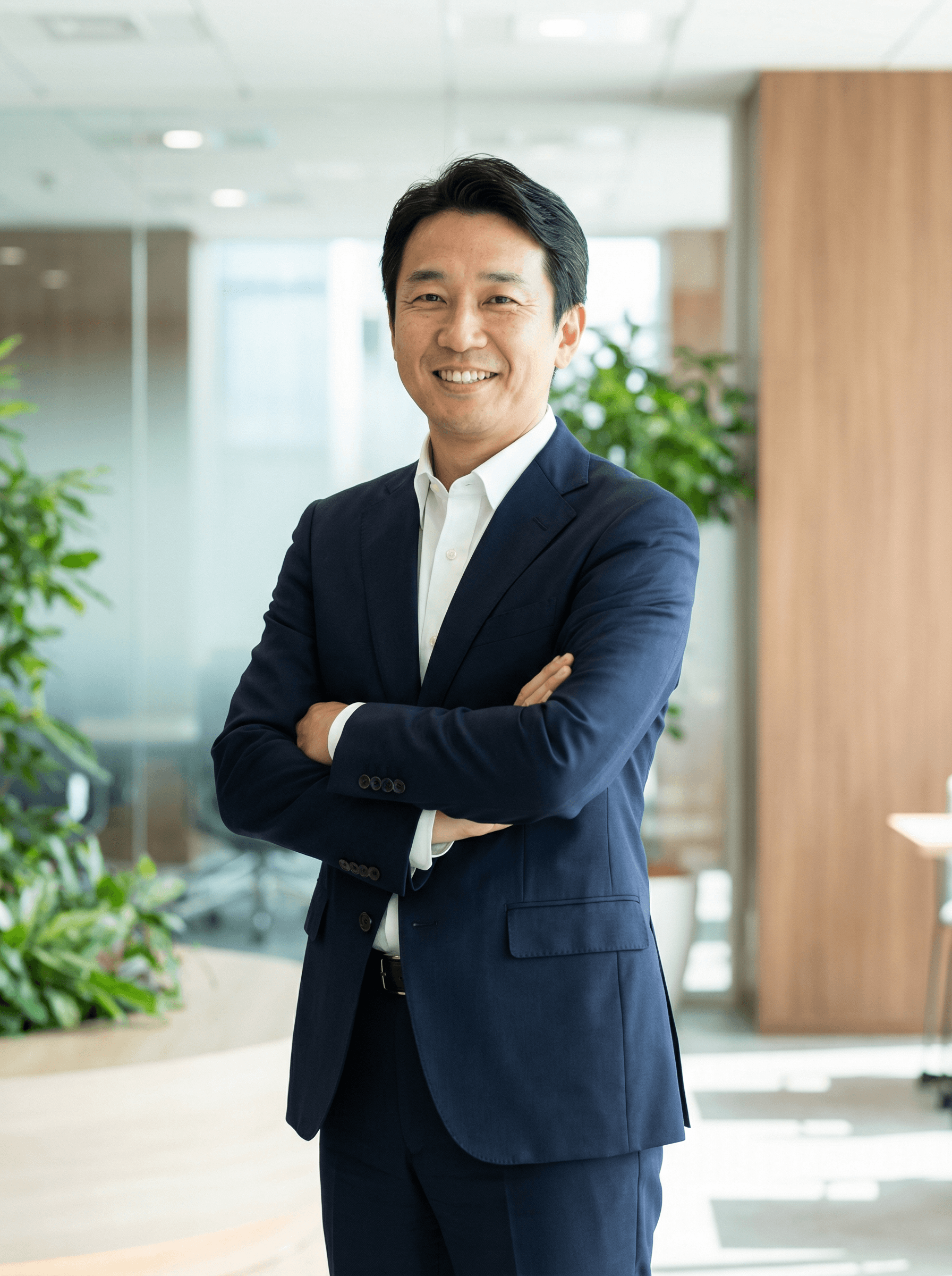 清潔感のあるスーツ姿で、腕を組み自信を持って微笑む代表・廣藤氏のポートレート