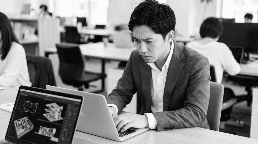 代表が真剣にPCでAI構築作業をしているモノクロ写真